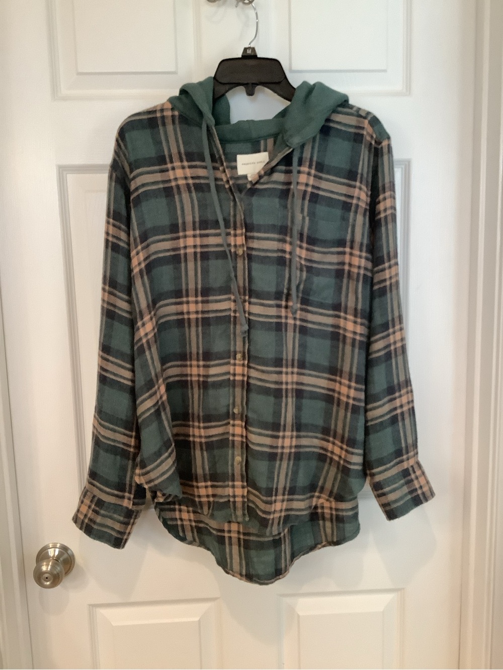 American Eagle Green & Beige Plaid Hooded Flannel Shirt
